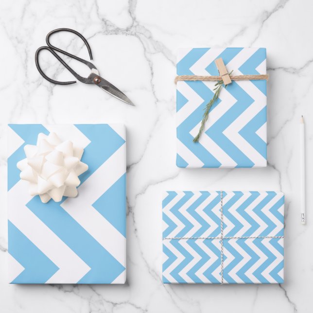 Baby Blue and White Different Sizes Vert. Chevron Wrapping Paper Sheet (Front)