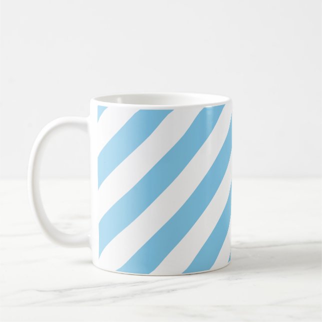 Baby Blue and White Large Diagonal Stripes Pattern Coffee Mug (Left)