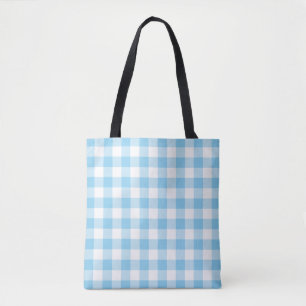 Baby Blue and White Large Gingham Checks Pattern Tote Bag