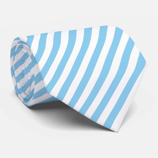 Baby Blue and White Large Size Diagonal Stripes Tie (Rolled)