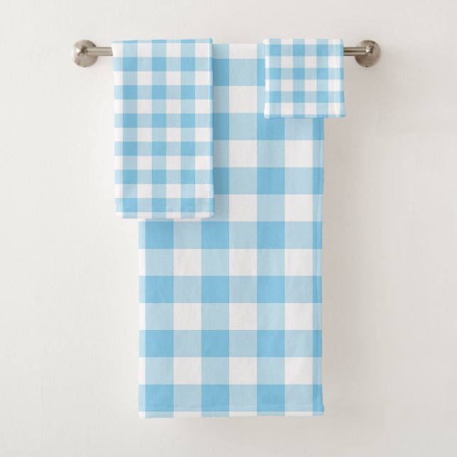 Baby Blue and White Large Size Gingham Checks Bath Towel Set (Insitu)