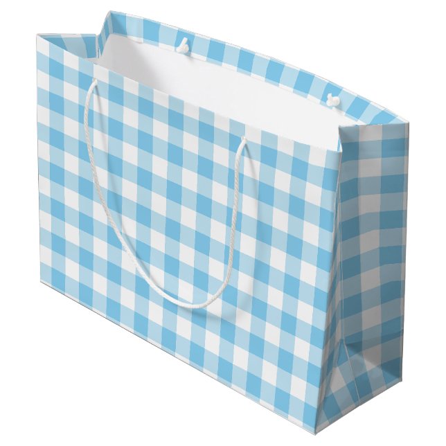 Baby Blue and White Large Size Gingham Checks Gift Bag (Back Angled)