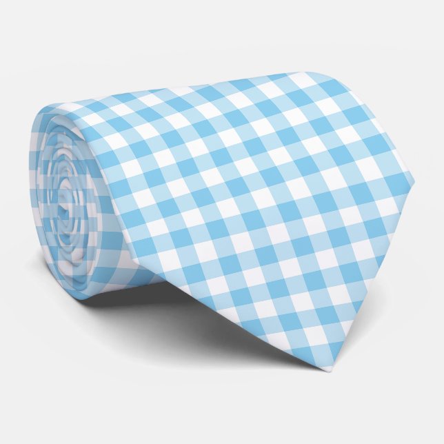 Baby Blue and White Large Size Gingham Checks Tie (Rolled)