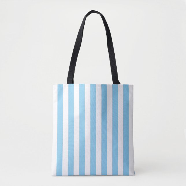 Baby Blue and White Large Vertical Stripes Pattern Tote Bag (Front)