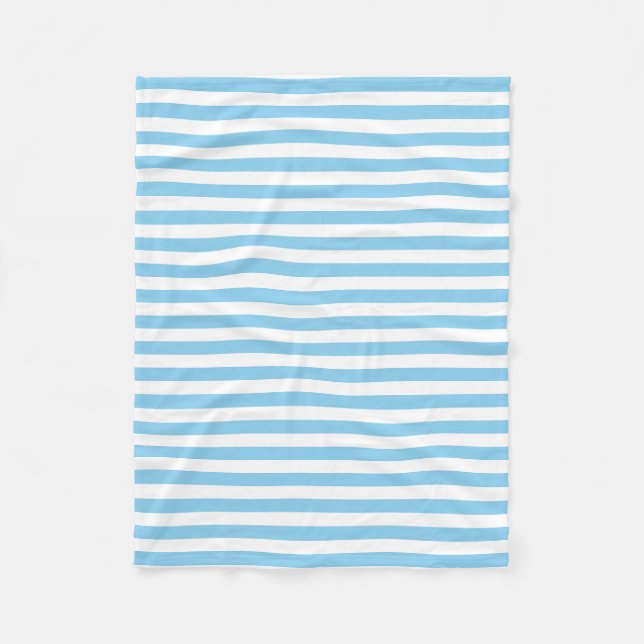 Baby Blue and White Medium Size Horizontal Stripes Fleece Blanket (Front)