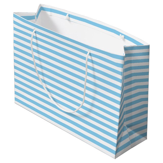Baby Blue and White Medium Size Horizontal Stripes Large Gift Bag (Back Angled)
