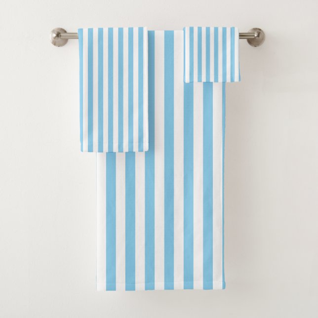 Baby Blue and White Medium Size Vertical Stripes Bath Towel Set (Insitu)