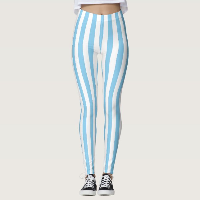 Baby Blue and White Medium Size Vertical Stripes Leggings (Front)