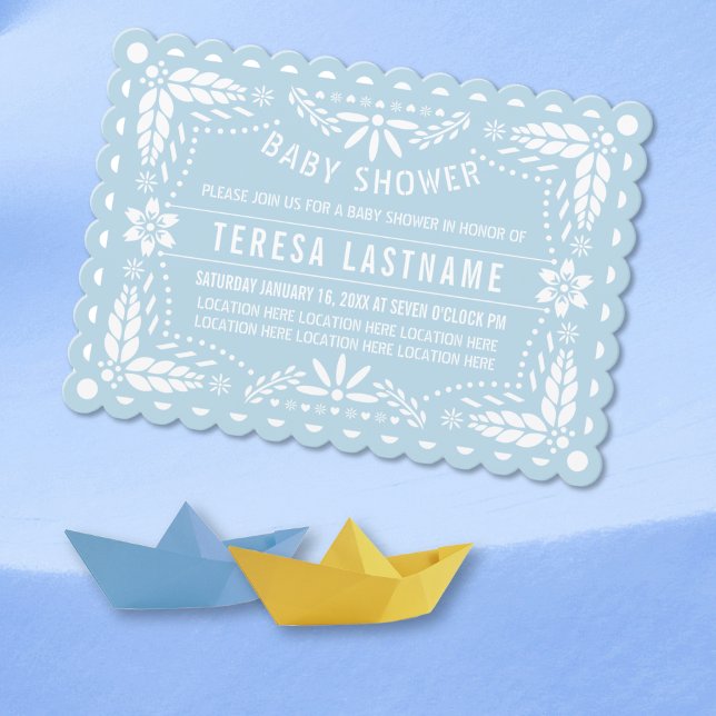 Baby blue and white papel picado baby boy shower invitation (Creator Uploaded)