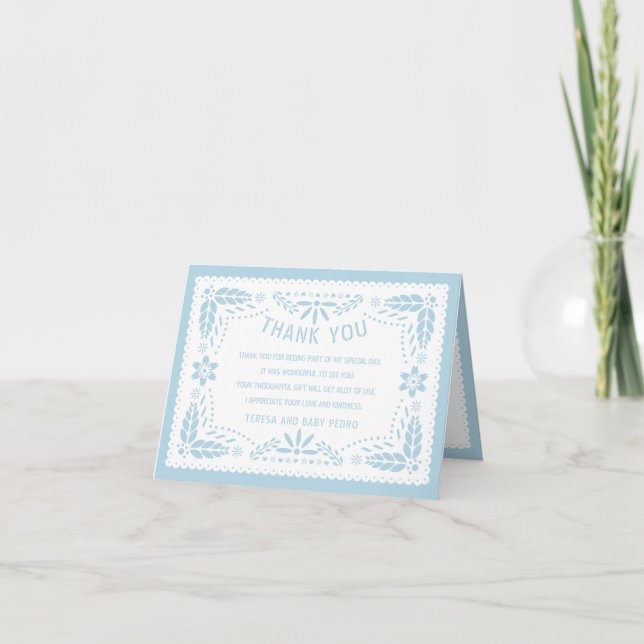 Baby blue and white papel picado Baby boy Shower Thank You Card (Front)