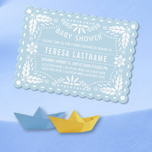 Baby blue and white papel picado baby shower invitation