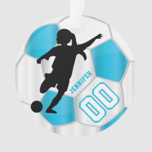 Baby Blue and White Personalise Girl Soccer Player Ornament
