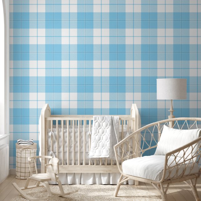 Baby blue and white plaid pattern wallpaper (Kids)