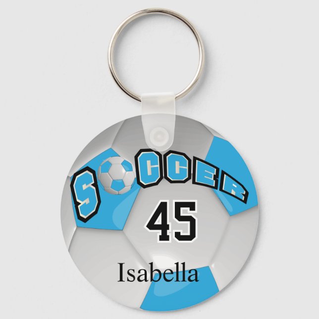 Baby Blue and White  Soccer Ball Key Ring (Front)