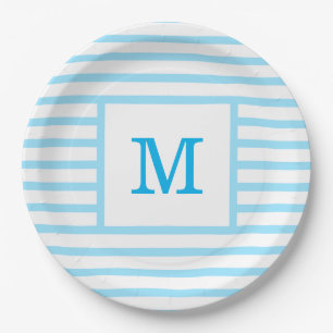 Baby Blue and White Stripes Custom Monogram Paper Plate