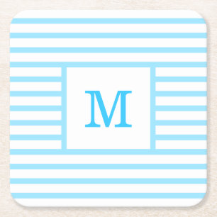 Baby Blue and White Stripes Custom Monogram Square Paper Coaster