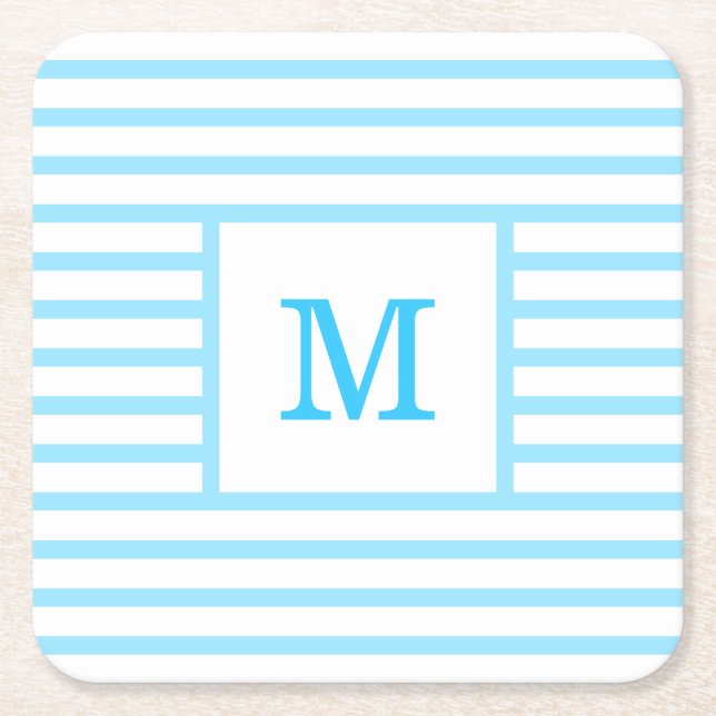Baby Blue and White Stripes Custom Monogram Square Paper Coaster (Front)