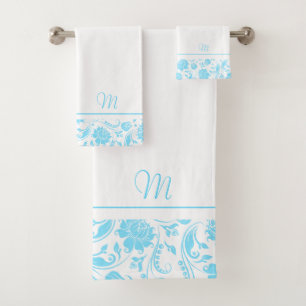 Baby-blue and white vintage damasks monogram bath towel set