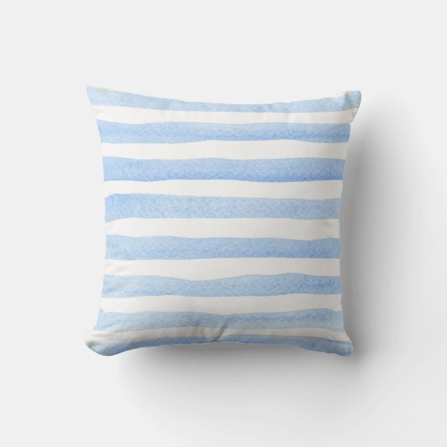 Baby Blue and White Watercolor Horizontal Striped Cushion (Front)