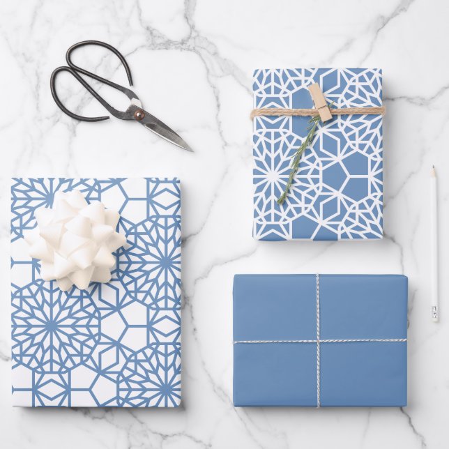 Baby Blue Arabesque Geometric Pattern Wrapping Paper Sheet (Front)