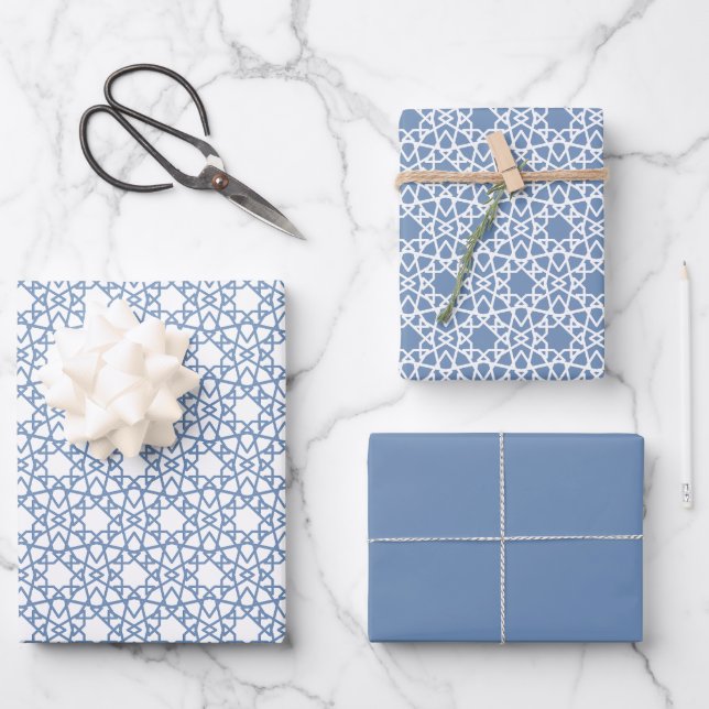 Baby Blue Arabesque Pattern Design Wrapping Paper Sheet (Front)