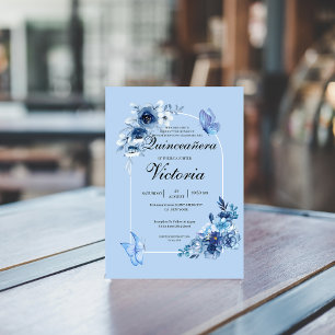 Baby blue arch floral butterflies Quinceañera  Invitation
