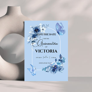 Baby blue arch floral butterflies Quinceañera Save The Date