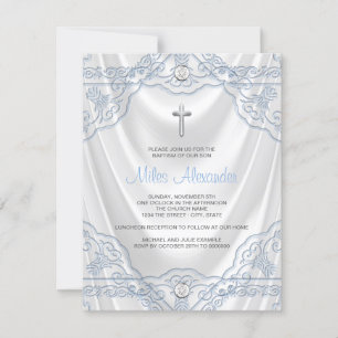Baby Blue Baptism Christening White Satin Invitation