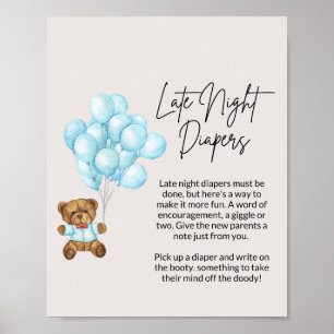Baby Blue Bear Baby Shower Late Night Diapers Poster