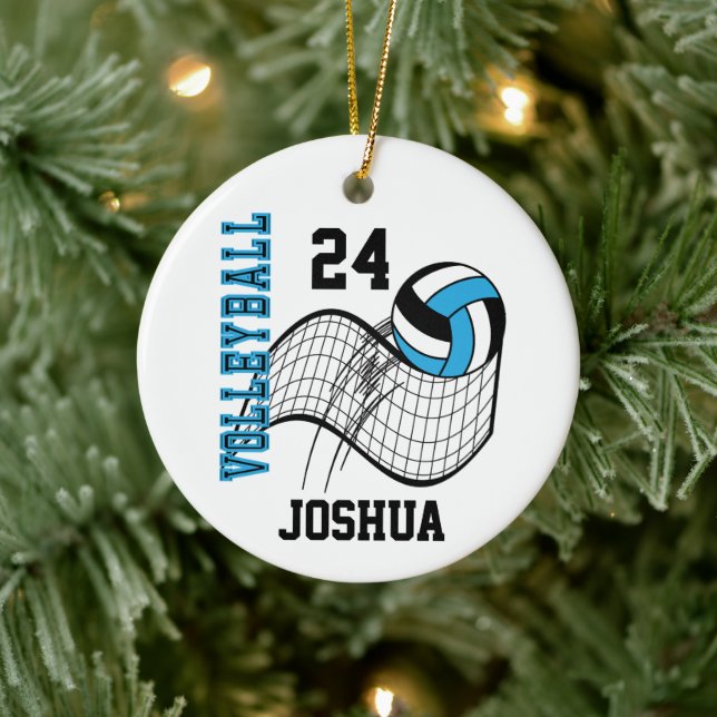 Baby Blue, Black and White Volleyball Ceramic Ornament (Tree)