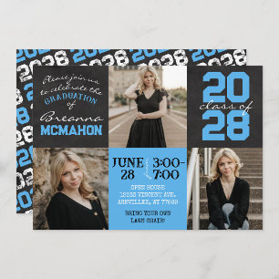 Baby Blue & Black Chalkboard 3 Photo Graduation Invitation