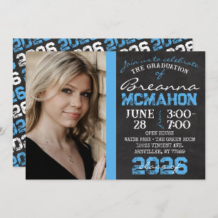 Baby Blue & Black Chalkboard Graduation Photo Invitation