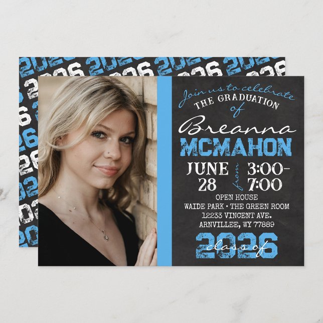 Baby Blue & Black Chalkboard Graduation Photo Invitation (Repeating Class Year 1 & 2 Photo Graduation Invitations & Announcements)