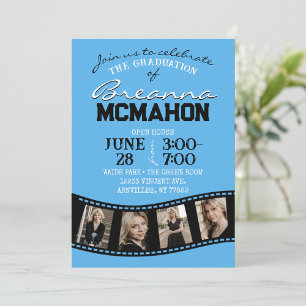 Baby Blue & Black Filmstrip 5 Photo Graduation Invitation