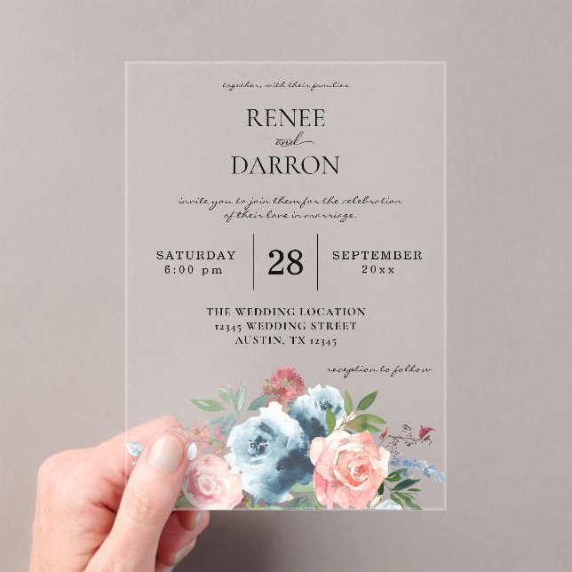 Baby Blue & Blush Pink Floral Wedding Acrylic Invitations (Insitu (Handheld))