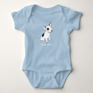 Baby blue body suit with white bull terrier pup bodysuit