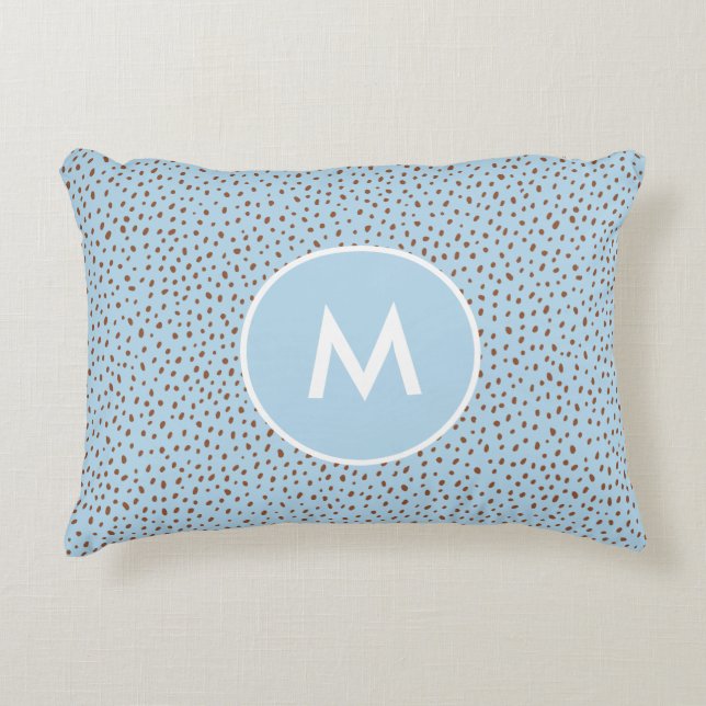 Baby Blue & Boho Terracotta Brown Dots Monogram Decorative Cushion (Front)
