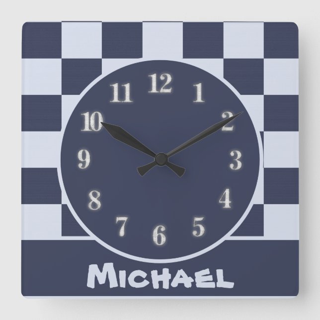 Baby Blue Boy Geometric Square Pattern Quilt Baby Wall Clock (Front)