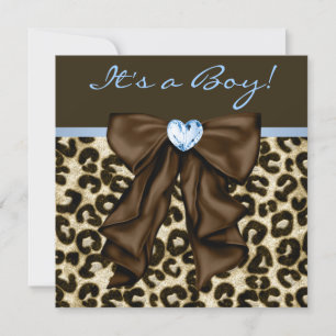 Baby Blue Brown Leopard Baby Boy Shower Invitation