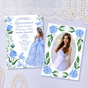Baby Blue Butterflies Princess Photo Quinceanera Invitation