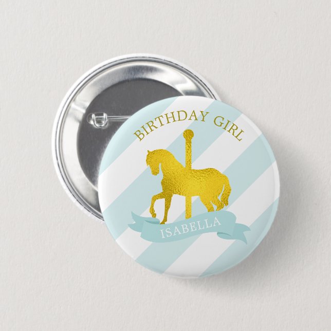 Baby Blue Carousel Horse "Birthday Girl" 6 Cm Round Badge (Front & Back)
