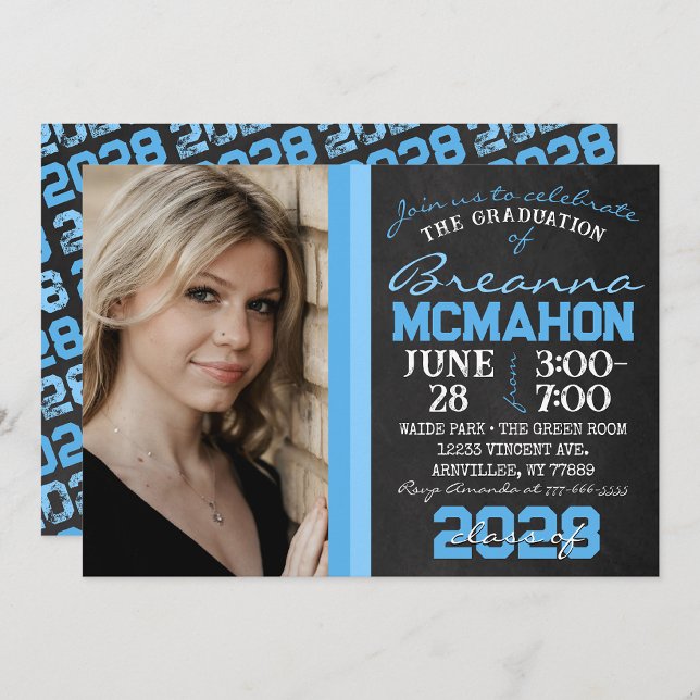 Baby Blue Chalkboard Graduation Photo Invitation (Repeating Class Year 1 & 2 Photo Graduation Invitations & Announcements)