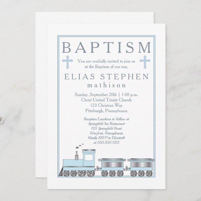 Baby Blue Choo Choo Train Boy Baptism Invitation (Front/Back)