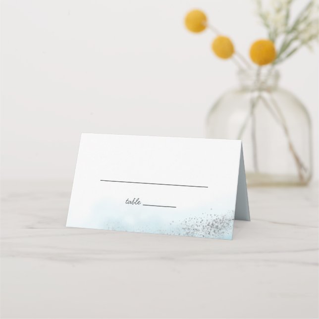 Baby Blue Clouds Silver Glitter Wedding Place Card (Front)
