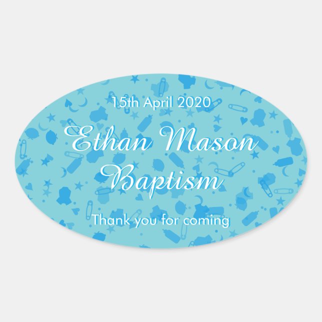 Baby Blue Confetti Baptism Christening Favour Oval Sticker (Front)