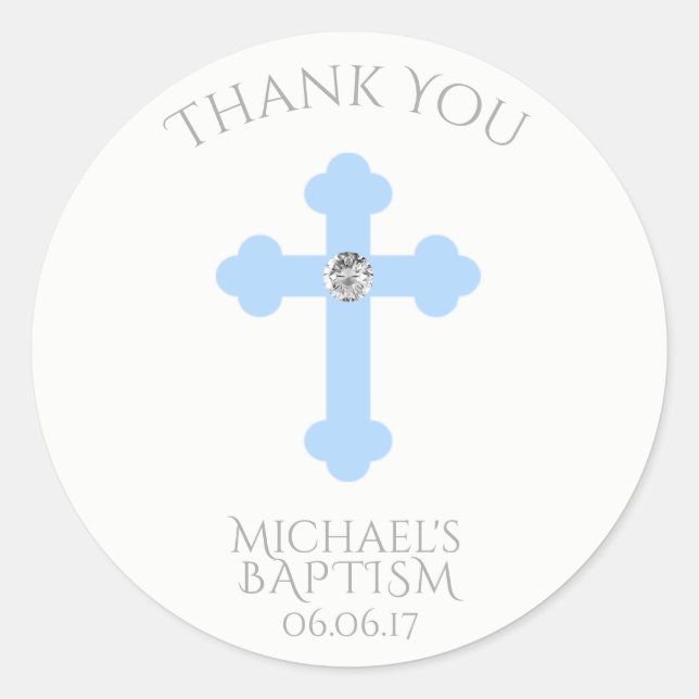 Baby Blue Cross Baptism/Christening Boy Thank You Classic Round Sticker (Front)