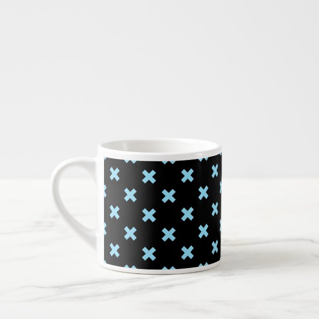 Baby blue cross stitches on black espresso cup (Left)