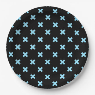 Baby blue cross stitches on black paper plate