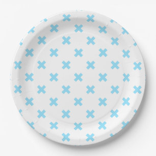 Baby blue cross stitches on white paper plate