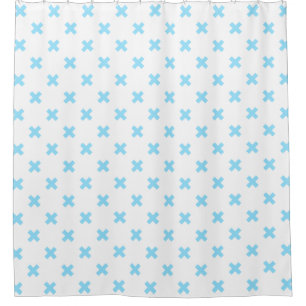 Baby blue cross stitches on white shower curtain